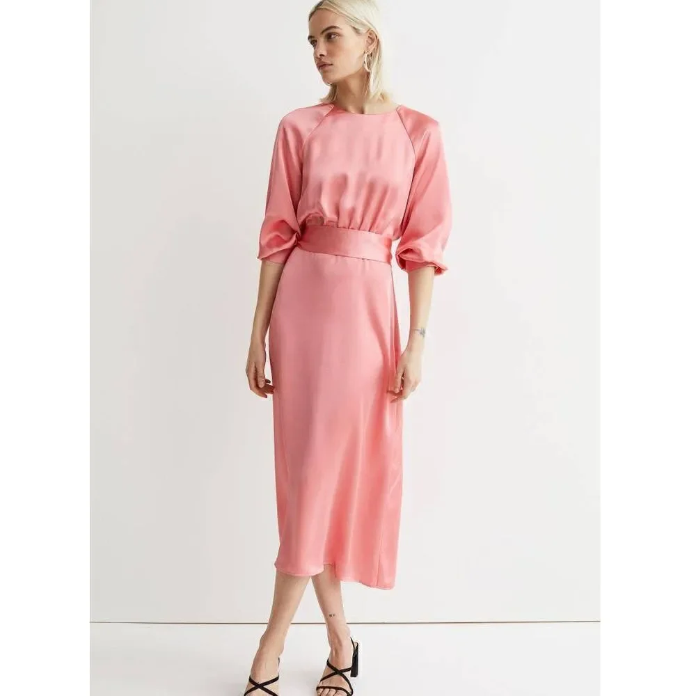 H&M Satin Coral Belted Dress New